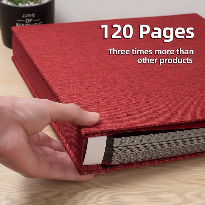 Large Photo Album Self Adhesive 4x6 5x7 3x5 8x10 Scrapbook Magnetic Album DIY Scrap Book Length 13 x Width 12.8 (Inches) 120 Black Sticky Pages Linen Cover DIY Photo Album(Red) - Image 5