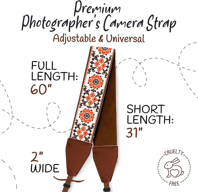 Art Tribute Camera Strap - Shoulder, Crossbody & Neck Camera Strap for Photographers, Fits All Cameras, Canon Nikon Sony Fujifilm, Padded Strap W/Quick Release, Embroidered Cotton & Leather Ends - Image 5