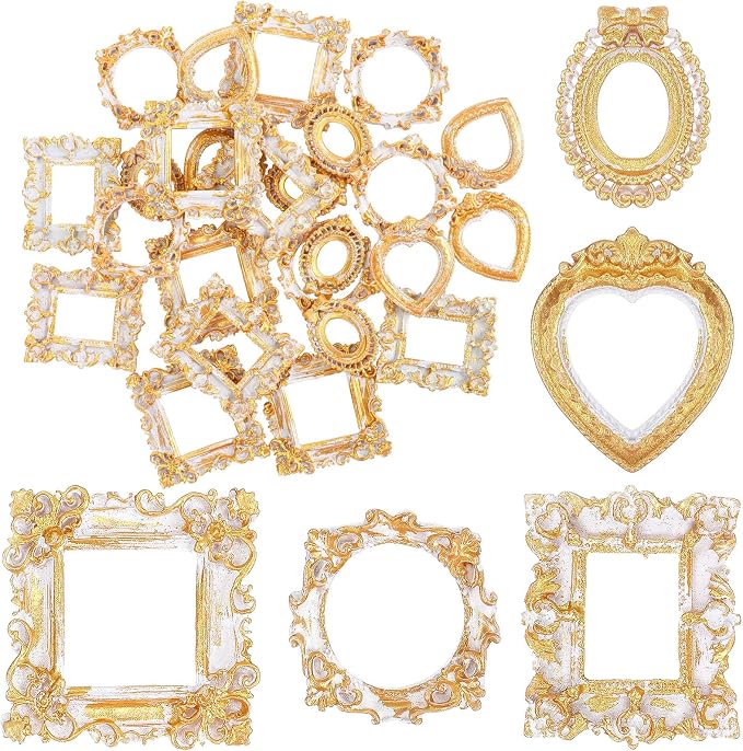 Vicenpal 25 Pcs White Gold Mini Vintage Picture Frames Bulk | Small Vintage Photo Frames, Antique, Resin, Baroque, Ornate, Cute Wallet Size, for DIY Jewelry Gifts Christmas Wedding Decor by Vicenpal