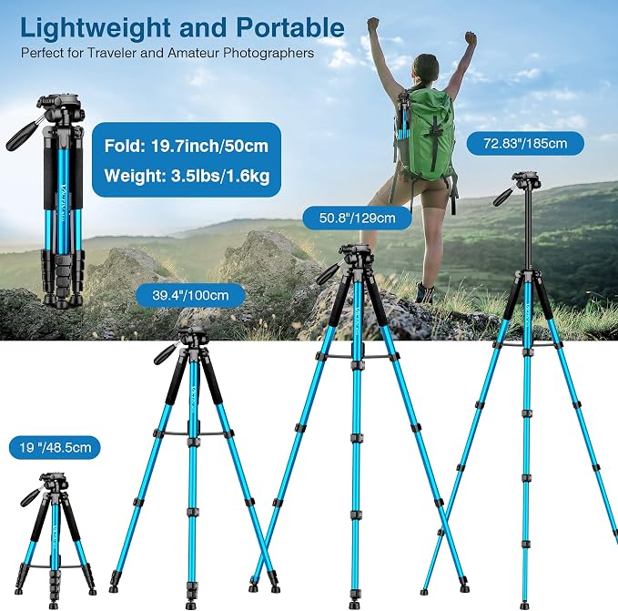 Victiv 72 inch Camera Tripod, Tall Tripod for Camera Cell Phone, Heavy Duty Camera Tripod Stand, Professional Aluminum Monopod, Compatible with Canon Nikon Sony DSLR Cameras - Blue - Image 3