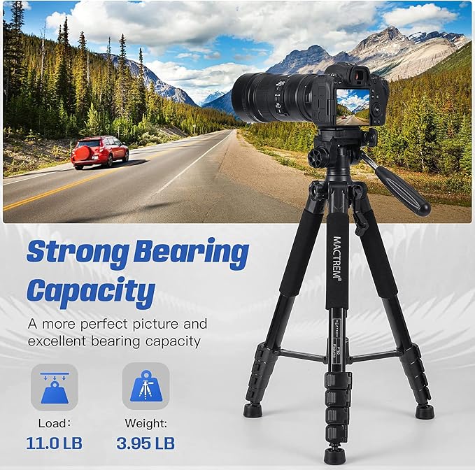 MACTREM 75in Aluminum Lightweight Travel Tripod for DSLR Camera Phone iPad | 3-Way Head 360° Rotation. With Phone iPad Mount, Bluetooth Remote. Stable Aluminum Stand for Video & Photography. - Image 3