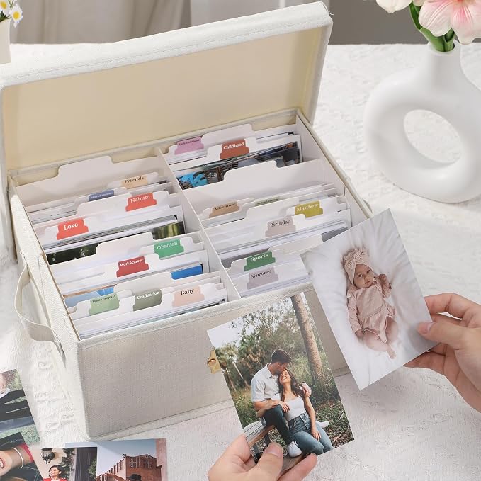 Aokeyee Photo Storage Box Holds 1700+ 4x6 Pictures | Photo Organizer Box, 8 Dividers, 24 Paperboard with Blank Label - Image 6