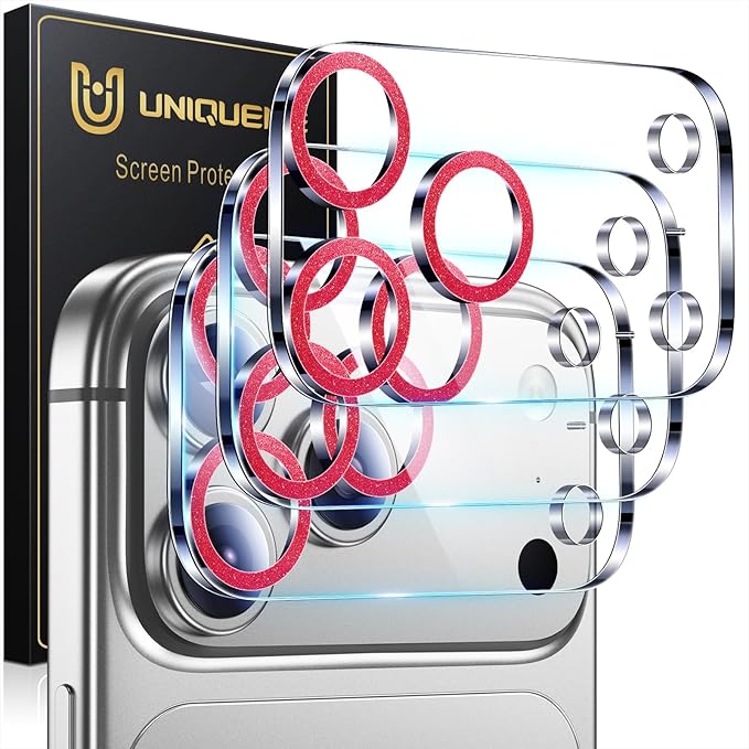 UniqueMe for 3 Pack iPhone 17 Pro Max Camera Lens Protector - Glitter Red | Drop Protection, Case Friendly, 9H Tempered Glass, Camera Cover Screen, Update New Version by UniqueMe