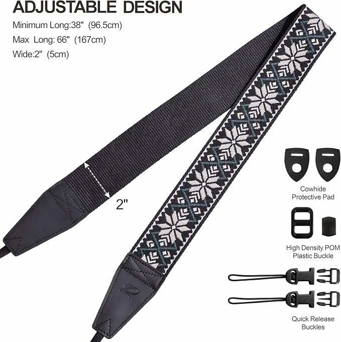 Padwa Lifestyle Camera Strap - 2" Full Grain Leather Ends Camera Straps for Photographers, Vintage Embroidered Cotton Weave Soft Strap Quick Release fits All Cameras - Image 6