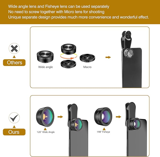 Phone Camera Lens,Upgraded 3 in 1 Phone Lens kit-198° Fisheye Lens + Macro Lens + 120° Wide Angle Lens,Clip on Cell Phone Lens Kit Compatible with Samsung Android Smartphones - Image 3