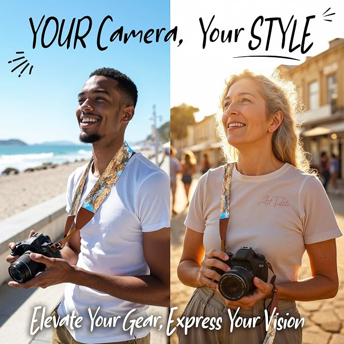 Art Tribute Camera Strap - Shoulder, Crossbody & Neck Camera Strap for Photographers, Fits All Cameras, Canon Nikon Sony Fujifilm, Padded Strap W/Quick Release, Embroidered Cotton & Leather Ends - Image 2