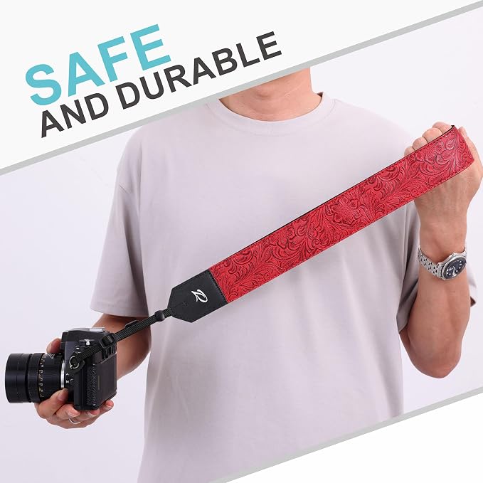 Padwa Lifestyle Camera Strap - 2" Red Faux Leather Carving Camera Straps with Full Grain Leather Ends for Photographers, Vintage Soft Suede Fabric Padded Strap Quick Release fits All Cameras - Image 5