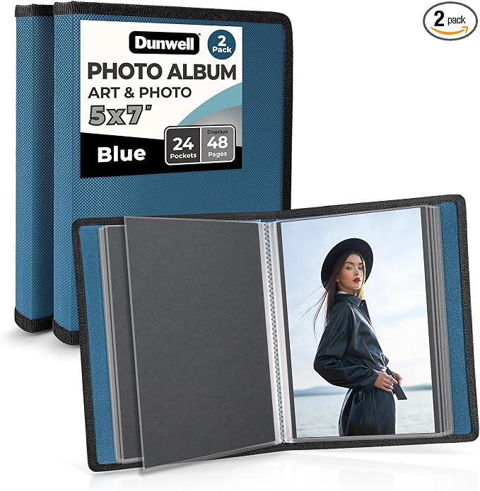 Dunwell 5x7 Photo Album & Art Portfolio Binder, 24 Sleeves, Blue 2-Pack | Displays 48 Pages, 24 Clear Sleeves, Black Mounting Paper, Organizer for 5x7 Photos by Dunwell