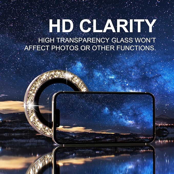 Choiche for iPhone 13 Pro/iPhone 13 Pro Max Camera Lens Protector | Ultra HD, Bling 9H Tempered Glass Camera Cover Screen Protector Metal Ring Decoration Accessories (Glitter-Gold) - Image 6