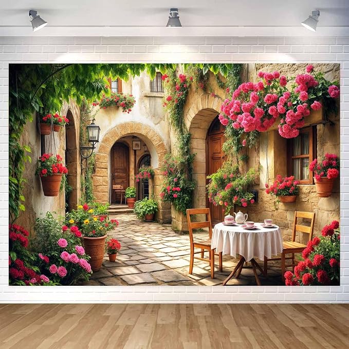 7X5ft Italian Theme Backdrop Italy Town Street Backdrop for Photography, Europe Village Town Landscape Photography Background Garden Tea Party Barnner Photo Studio Props, Color-3 - Image 4