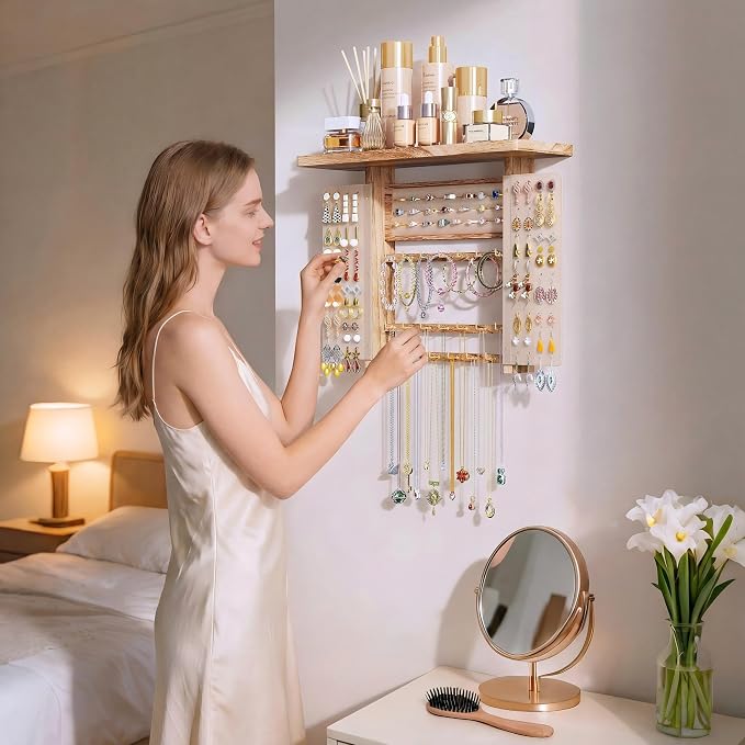 Emfogo Jewelry Organizer Hanging Wall Mounted Jewelry Holder, 5-in-1 Large Capacity Necklace Organizer Display for Ring, Necklaces, Bracelets, Earrings (Rustic Wood) - Image 6