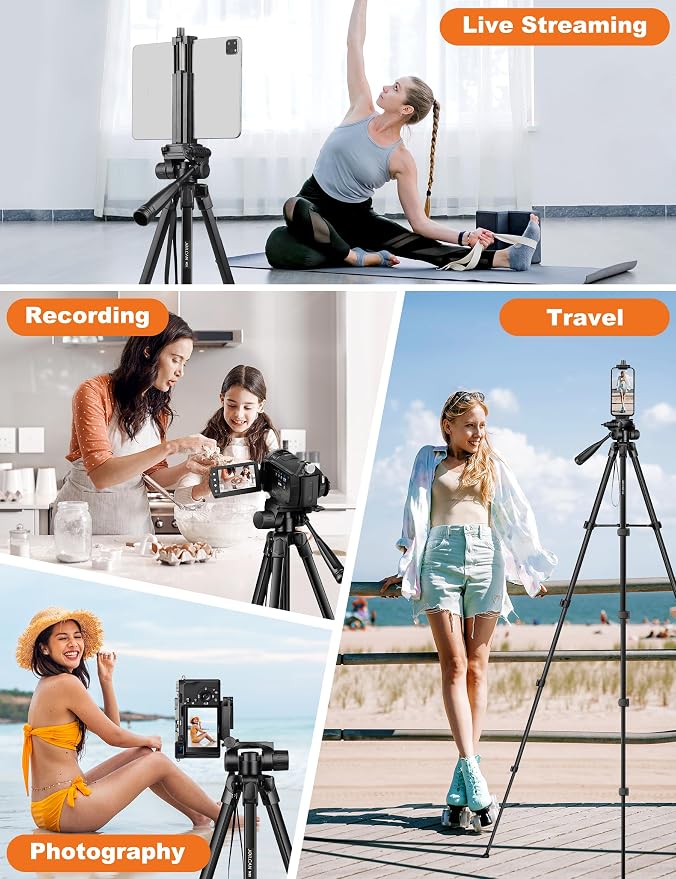 JOILCAN Phone Tripod Stand, 68" Tripod for iPad iPhone Tablet with Remote | Travel Aluminum Tripod with Tablet Holder Carry Bag for Video Recording Photos Vlog Compatible with iPad Pro iPhone Camera - Image 2