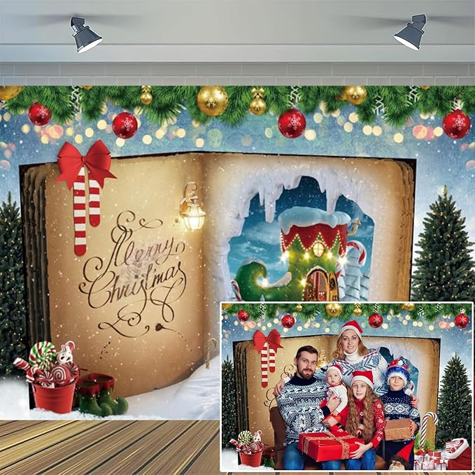 Merry Christmas Backdrop 12x10ft Fairy Tale Book Glitter Xmas Tree Candy Canes Winter Wonderland Photography Background Children Xmas Party Supplies Photo Booth Banner Props by XMJJKUF