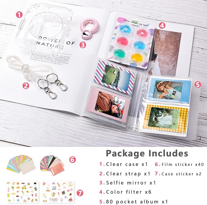 Rieibi Instax Mini 12 Accessories Gift Bundle: Clear Case with Strap, Photo Album, Selfie Mirror, Color Filters, DIY Stickers - Pink - Image 7