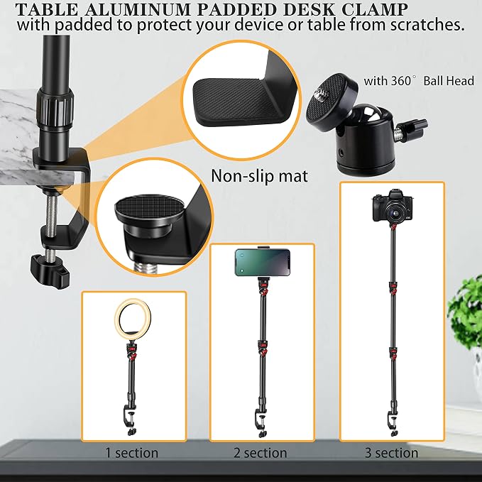 Overhead Camera Mount Desk Stand, 3-Section Detachable Articulating Arm | with 1/4“ 3/8" 5/8" Screw&360° Ball Head, C-clamp Tabletop Mount for DSLR Camera/Webcam/Microphone/Lights - Image 3