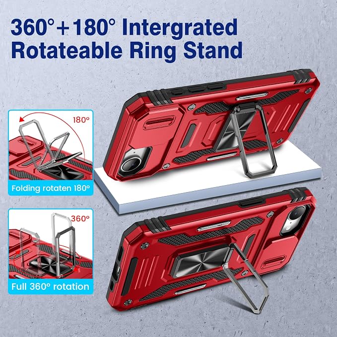 VEGO for iPhone 17e/ iPhone 16e Case with Slide Camera Cover and Stand Red | Privacy Screen Protector & Ring Kickstand Military Grade Heavy Duty Protection Cover for iPhone 17e 5G - Red - Image 4