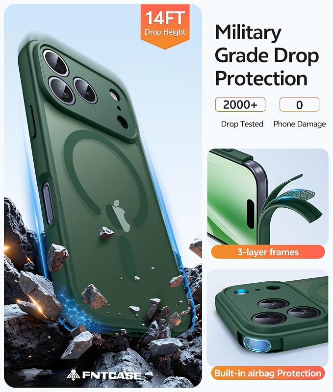 FNTCASE for iPhone 17 Pro Max Case, Fit for Magsafe, Screen Protector Green | Full Camera Protection, Translucent Matte, 14FT Military Grade Drop Proof, Shockproof Protective Phone Cover, Green - Image 5