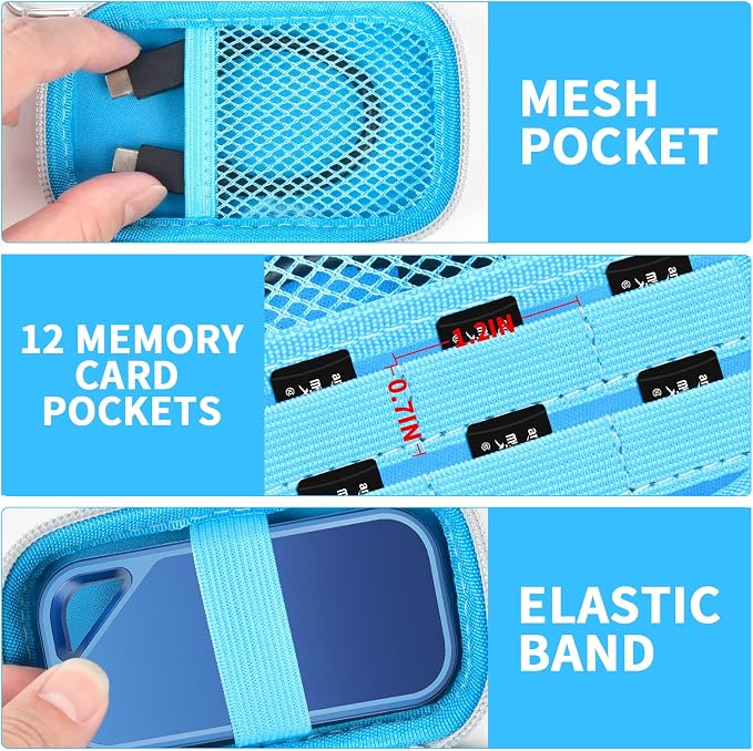 PAIYULE Hard Case for SanDisk Extreme Portable SSD & PRO,SD Card Pocket | Fits 250GB, 500GB, 1TB, 2TB and 4TB SSDs, with SD Card Pocket,Elastic Strap,Mesh Pocket and Carabiner, Case Only Lightblue - Image 6