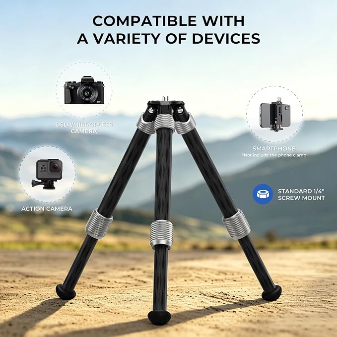 LEOFOTO Carbon Fiber Small Tabletop Travel Tripod, Weight 160g/0.35lb, Maxload 5kg/11lb, Lightweight Tripod Stand, 1/4" Inch Screw, for Camera/Phone Holder/Projector, MT-02C Long Version (MT-02CL) - Image 4