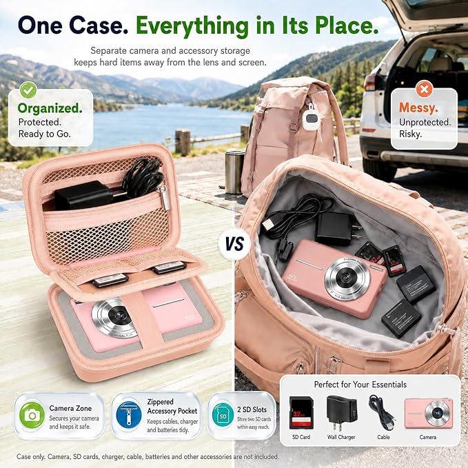 Comecase Camera Case for Kodak PIXPRO FZ55/FZ45/ for CAMKORY, Tiffany Pink | Hard EVA Shell, Padded Divider and 2 SD Card Slots Organize a Compact Camera, Charger and Cable for Travel. Case Only. - Image 5