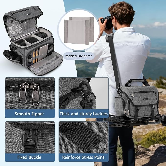 RAINSMORE Camera Bag, DSLR/SLR/Mirrorless Camera Sling Bag for Photographers Waterproof Small Camera Case with Tripod Holder & Rain Cover Camera Crossbody Bag for Canon/Nikon/Sony/Fuji, Grey - Image 6