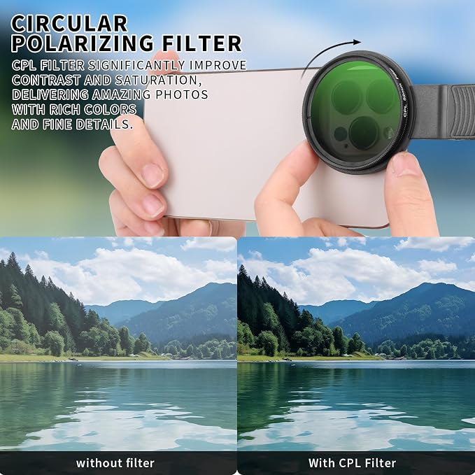 52MM CPL Filter for Phone, Clip-on Circular Polarizing Lens, HD Multi-Coated Optical Glass, Camera Lens Filter Kit Compatible with iPhone 16 15 14, Samsung, Google Pixel and Other Smart Phones - Image 2