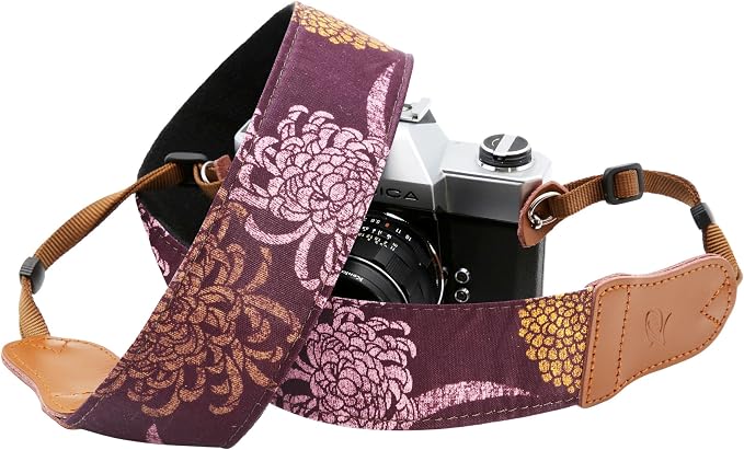 Padwa Lifestyle Camera Strap - 2" Cowhide Leather Head Cotton Camera Straps for Photographers,Vintage Print Purple Daisy Japanese Art Neck & Shoulder Adjustable Strap for DSLR SLR Mirrorless Cameras - Image 8