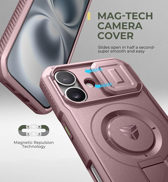 Dexnor for iPhone 16 Case with Slide Camera Cover & Adjustable Kickstand, Magnetic Rugged Shockproof Bumper Cases Heavy-Duty Magnetic Protective Cover,Peony Pink - Image 4
