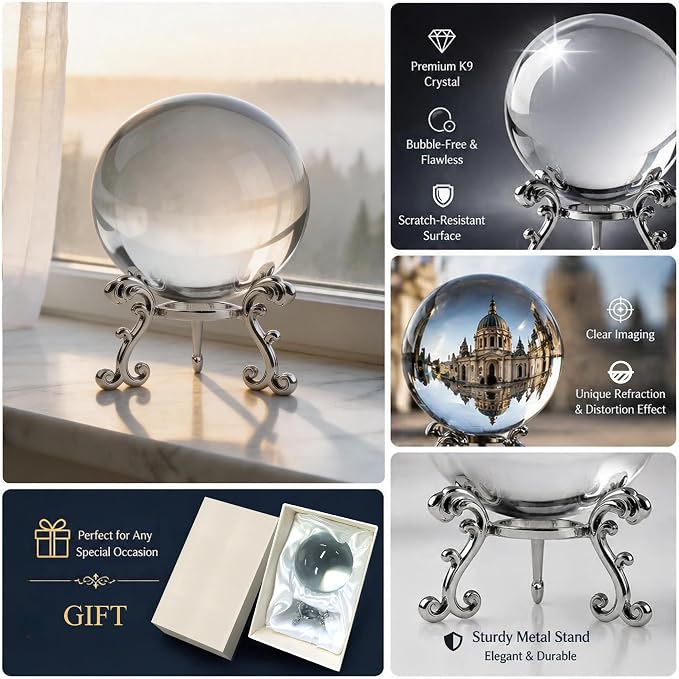 ZEERSHEE 3.9in Crystal Ball with Stand, Photography Prop for Decor | Premium K9 crystal Polished for exceptional clarity Includes display stand and gift box Ready to display - Image 3