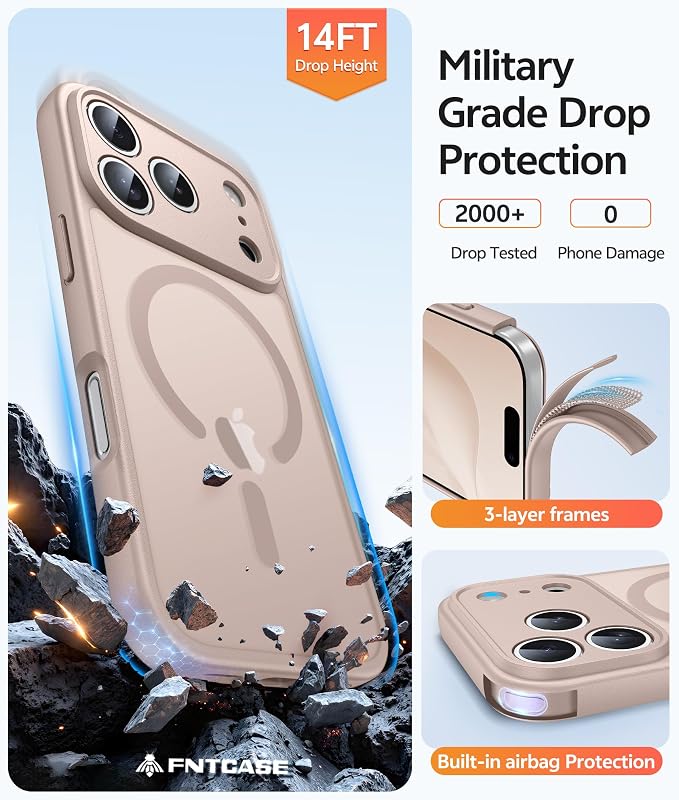 FNTCASE for iPhone 17 Pro Case, Fit for Magsafe, Screen Protector | Full Camera Protection, Translucent Matte, 14FT Military Grade Drop Proof, Shockproof Protective Phone Cover, Desert Gold - Image 5
