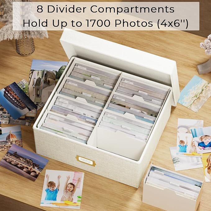 Decorative Photo Storage Box, 2 Pack Linen Photo Box Hold 1700 4x6 Pictures | Photo Storage Containers with 8 Dividers, Memory Keepsake Organizer for Photos, Scrapbook Supplies, Cards, Stamps, Beige - Image 2