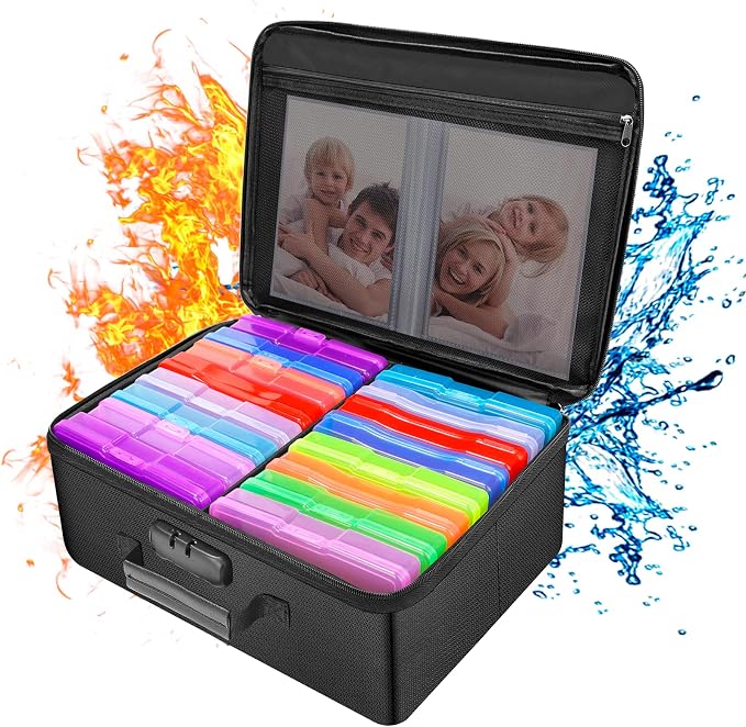 ENGPOW Fireproof Photo Storage Box with Lock,Photo Box Organizer with Divider＆Mesh Bag,Collapsible Portable Photo Storage Containers with Handle for Photos, Picture,Scrapbook,Art,Craft(Box Only) - Image 9