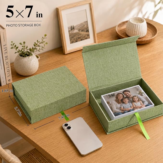 Vienrose Small Photo Storage Box, 5"x7", Linen Postcard Keeper, Grass Green | 1Pc Sturdy Linen Cover Box for Photos, Postcards & Sticker Storage, Perfect for Home, Office, Craft Room, and Travel - Image 2