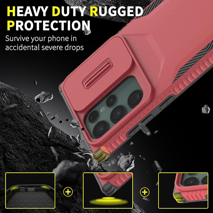 for Galaxy S22 Ultra Case with 1 HD Screen Protector & Slide Camera Cover [Military-Grade] Phone Case Heavy Duty Rugged Shockproof Protective Cover for Samsung Galaxy S22 Ultra(Red) - Image 3