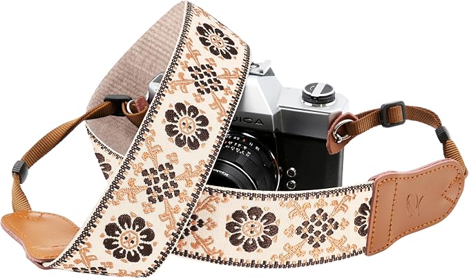 Padwa Lifestyle Elegant Brown Floral Camera Strap - 2" Cowhide Head Camera Straps for Photographers,Adjustable Vintage Jacquard Embroidery Woven Cotton Shoulder Neck Strap for Cameras,Binoculars by PadwaLifestyleCameraStrap