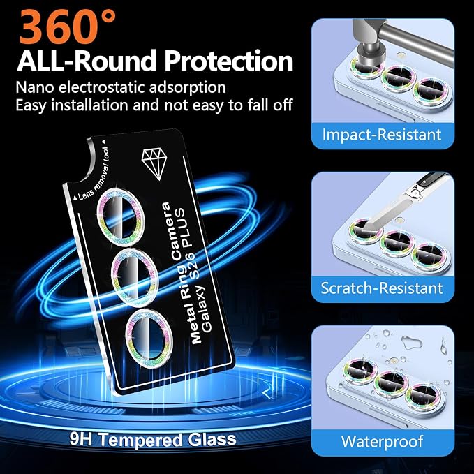 for Samsung Galaxy S26 Plus Camera Lens Protector, Individual Metal Ring Tempered Glass Lens Cover, [Strong Adsorption] Scratch Resistant Ultra-Thin HD Clear Lens Cover,1 Set-Colorful Sparkly - Image 2