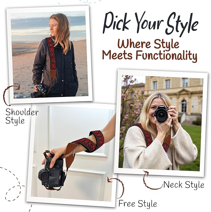 Art Tribute Camera Strap - Shoulder, Crossbody & Neck Camera Strap for Photographers, Fits All Cameras, Canon Nikon Sony Fujifilm, Padded Strap W/Quick Release, Embroidered Cotton & Leather Ends - Image 6