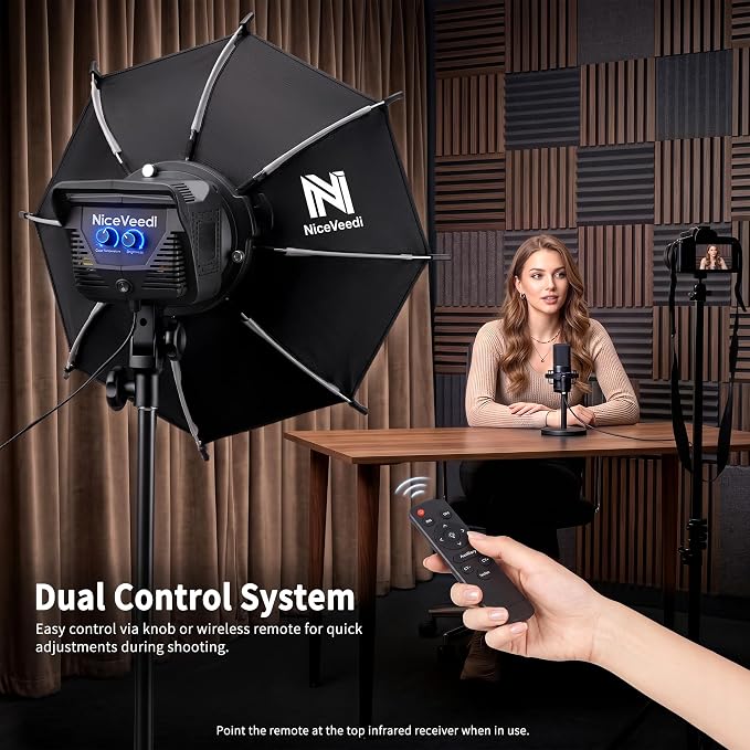 Niceveedi Softbox Lighting Kit, 2700-6500K LED Photography Lighting with 16.5” Quick-Release Softbox/Bowens Mount/Cooling System/Remote/Tripod, 90W Video Light for Video Recording/Streaming/Portraits - Image 7