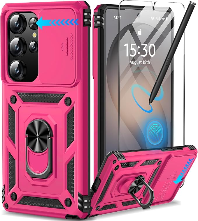 Taisairu for Samsung Galaxy S26 Ultra Case with Screen Protector & Slide Camera Lens Cover, Built-in Magnetic Ring Stand Shockproof Protective Phone Case for Samsung S26 Ultra Case (Hot Pink) by Taisairu