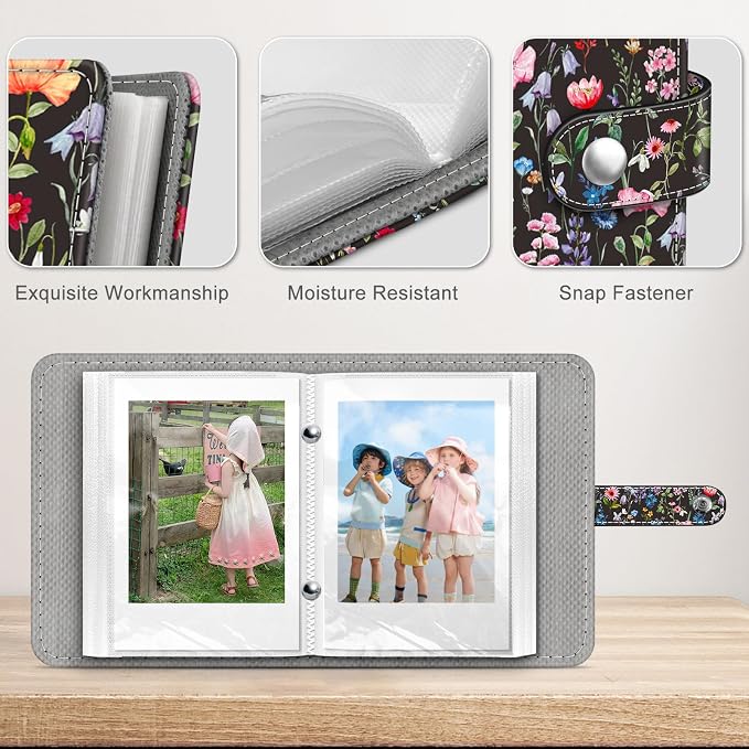 Fintie Mini Photos Album Book for 2x3 Inch Films - 52 Pockets Small Albums | For Fujifilm Instax Mini, Polaroid Hi-Print Pictures, Portable Kpop Photocard Holder, Travel Memory Book, Black Floral - Image 4