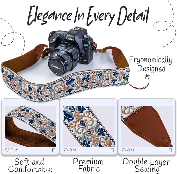 Art Tribute Camera Strap - Shoulder, Crossbody & Neck Camera Strap for Photographers, Fits All Cameras, Canon Nikon Sony Fujifilm, Padded Strap W/Quick Release, Embroidered Cotton & Leather Ends - Image 3