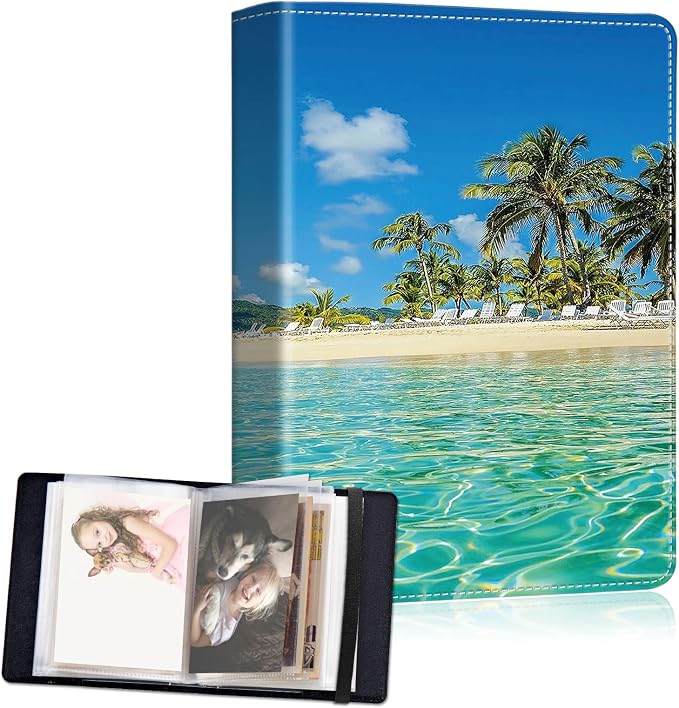 Small Photo Album 5x7, 60 Pockets Holds 120 Photos, Slip-in Pocket Photo Album with Black Elastic Band for Family Wedding Baby Travel Pictures, Palm Tree Beach by Unknown