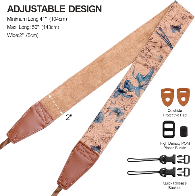 Padwa Lifestyle Cork Camera Strap - 2" Top Layer Cowhide Head Camera Straps for Photographers,Natural Log Crackle Art Print Style,Soft Chamois Velvet Padded Strap Quick Release fits All Cameras - Image 7