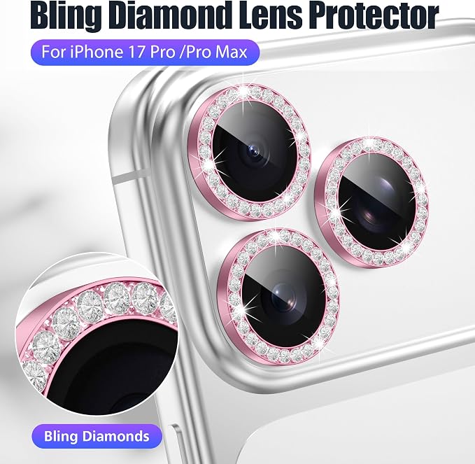 AGVEE 3+3 6 Pack for iPhone 17 Pro & Max Camera Lens Protector Cover | Individual Bling Diamond & Bling Glitter Sparkle Cute Gem Metal Ring, 9H Tempered HD Glass - Image 4
