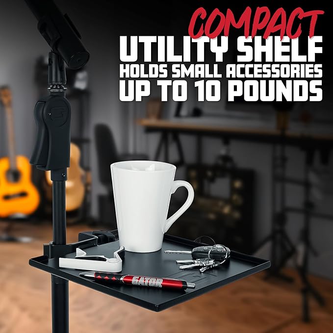 Gator Frameworks Microphone Stand Utility Shelf; 9" x 9" (GFW-SHELF0909) | Steel Tray Secures Accessories with Raised Edges and Clamps to Most Mic Stands 10 lb Weight Capacity - Image 2