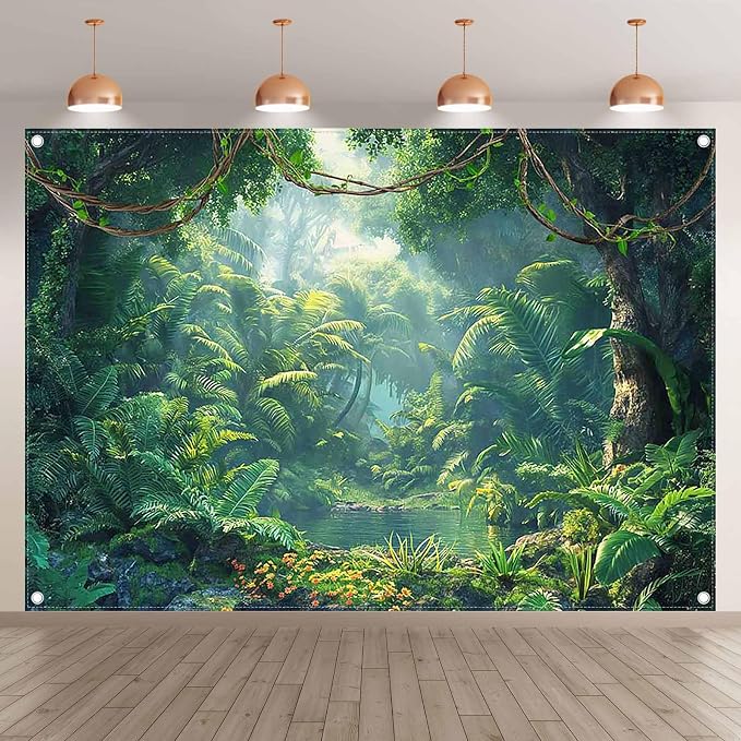 Fabric 7x5ft Jungle Forest Photography Backdrop Rainforest Banner | Tropical Natural Scenery River Background, Summer Adventure Party Decorations, Kids Adult Photo Props, Polyester, Grommets - Image 2
