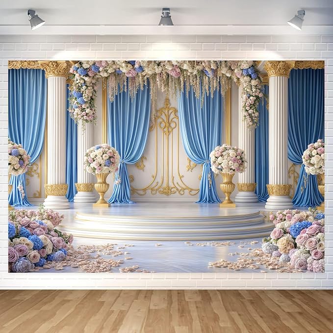 10X6.5ft Luxurious Blue and White Floral Backdrop for Photography Castle Palace Wedding Party Decortion Elegant Flowers Backdrop Wedding Birthday Party Decorations Bridal Shower Backdrops Studio Props by JAWO