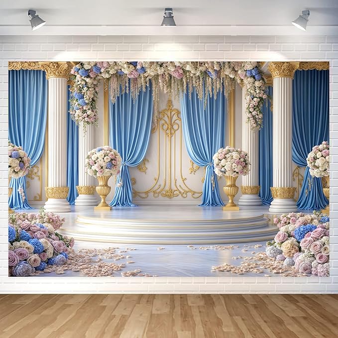 15X10ft Luxurious Blue and White Floral Backdrop for Photography Castle Palace Wedding Party Decortion Elegant Flowers Backdrop Wedding Birthday Party Decorations Bridal Shower Backdrops Studio Props by JAWO