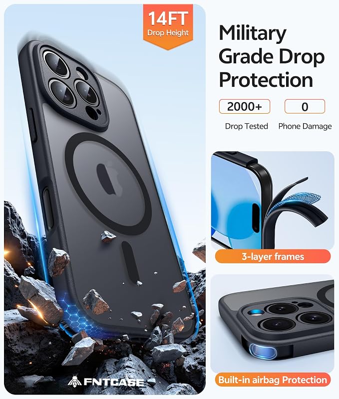 FNTCASE for iPhone 16 Pro Max Case, Fit for Magsafe, Glass Screen Protector | Full Camera Protection, Translucent Matte, 14FT Military Grade Drop Proof, Shockproof Protective Phone Cover, Black - Image 5