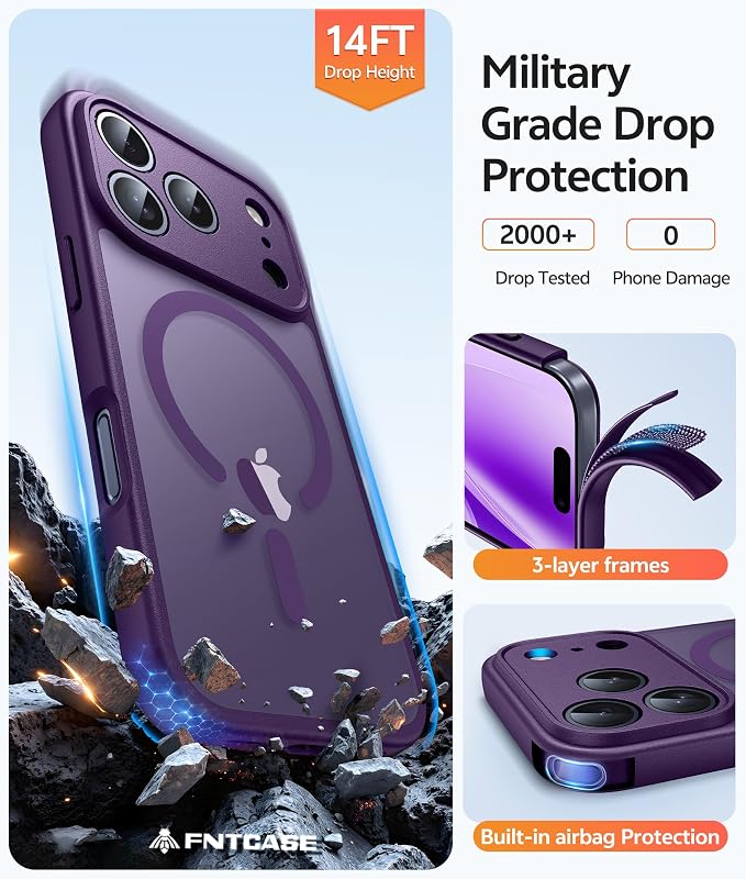 FNTCASE for iPhone 17 Pro Max Case, Fit for Magsafe, Screen Protector | Full Camera Protection, Translucent Matte, 14FT Military Grade Drop Proof, Shockproof Protective Phone Cover, Purple - Image 5